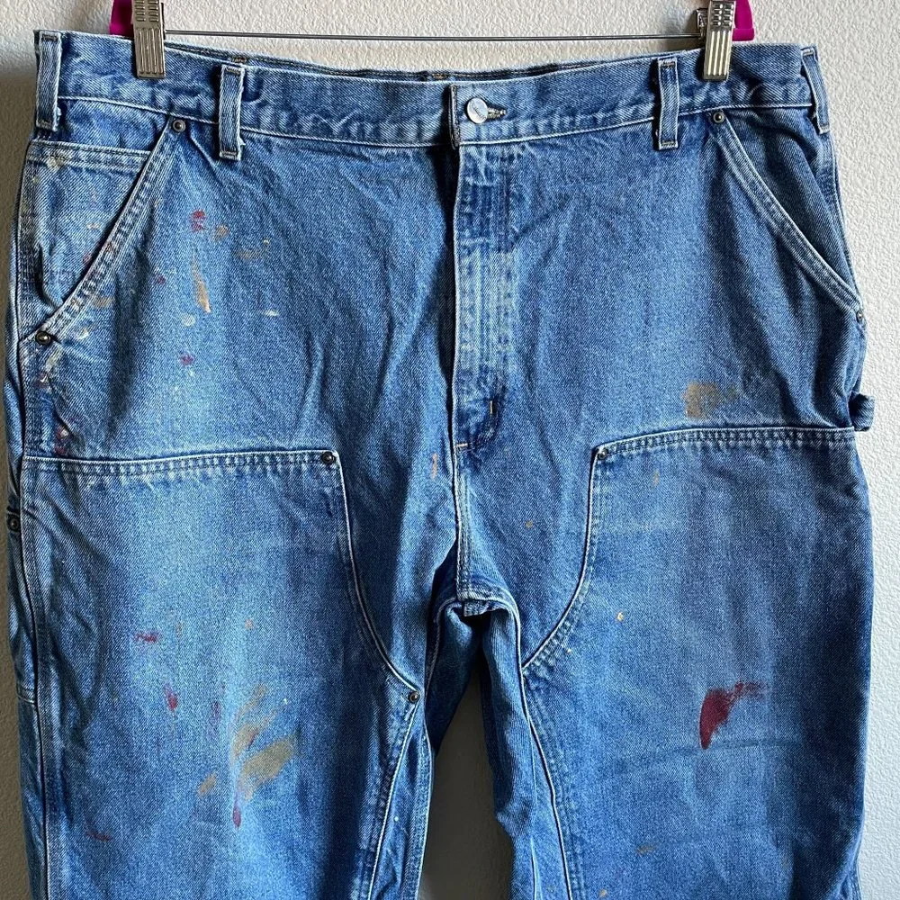 Carhartt Jeans Double Front Knee Washed Logger Denim Distressed Paint Grunge